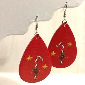 Red Candy Cane PU Leather Holiday Teardrop Earrings
